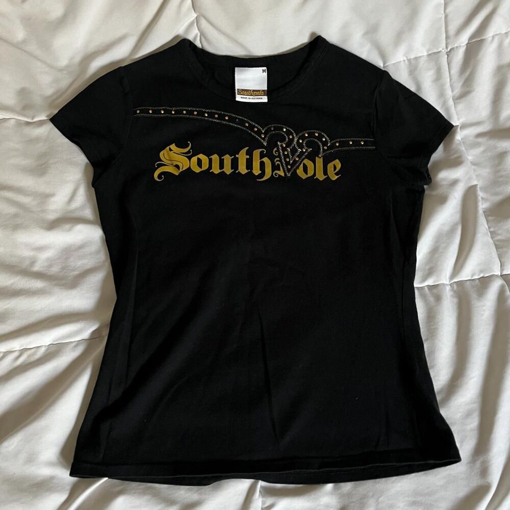 Vintage Y2K Black & Gold Short Sleeves Form Fitting Graphic Tee from Southpole
